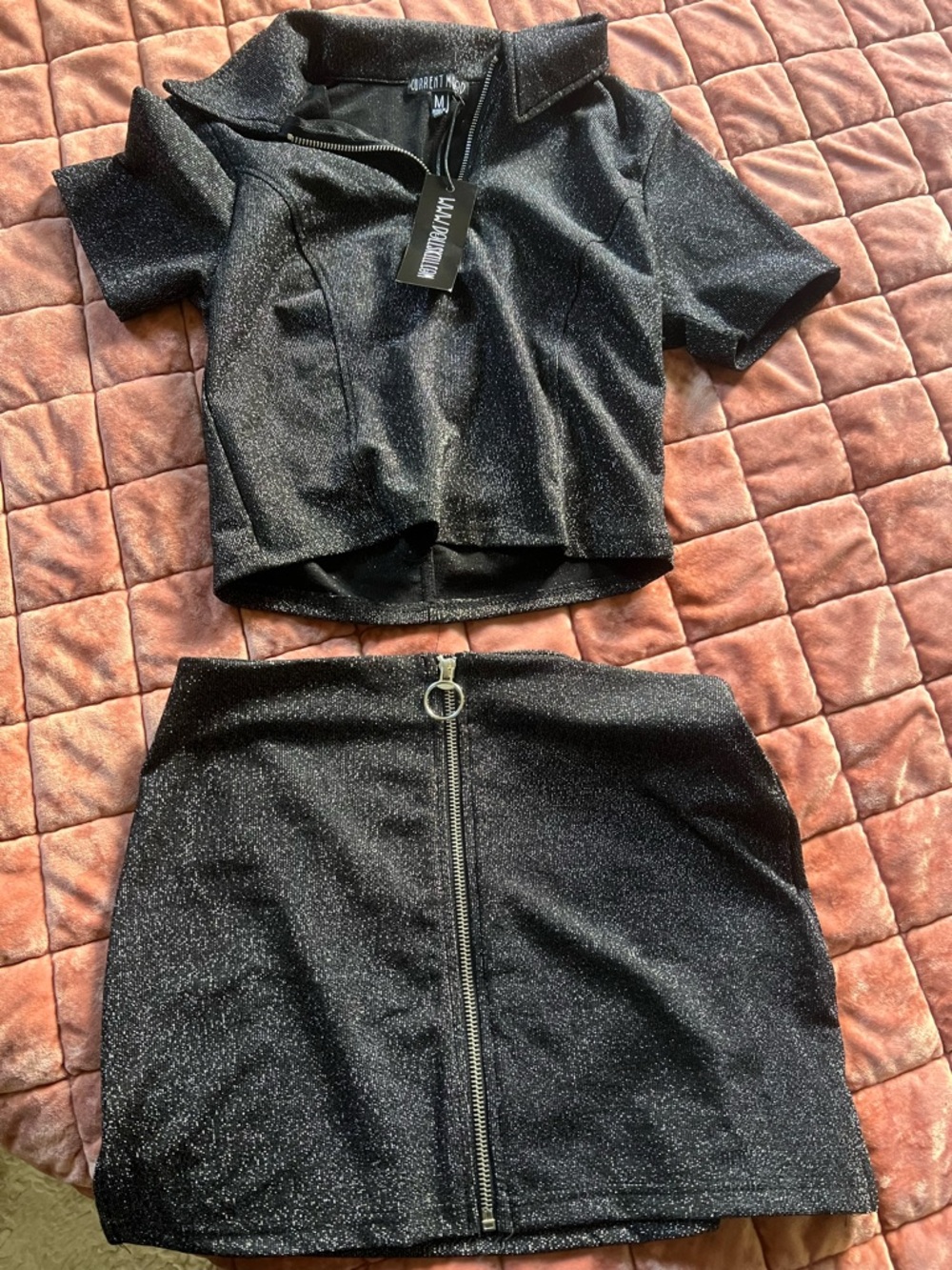 Current Mood Black Shimmer Zip-Front Mini Skirt